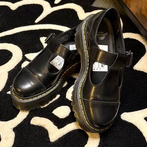 Dr. Martens Black Platform Shoes with Yellow Stitching